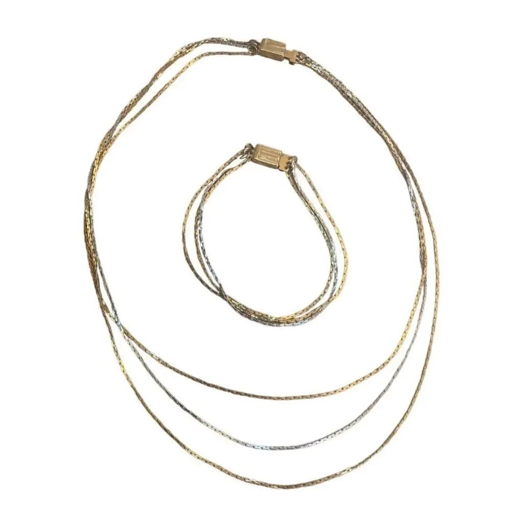 Gold Avon Triple Chain Bracelet Necklace Set Halo Vintage 70s 80s Jewelry Pendan
